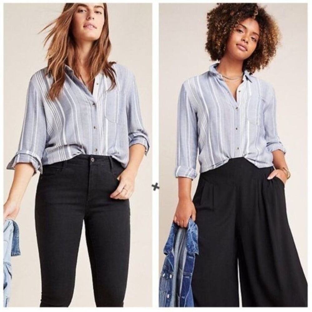 Maeve By Anthropologie Women's Medium Blue & White Viscose Button Up Blouse